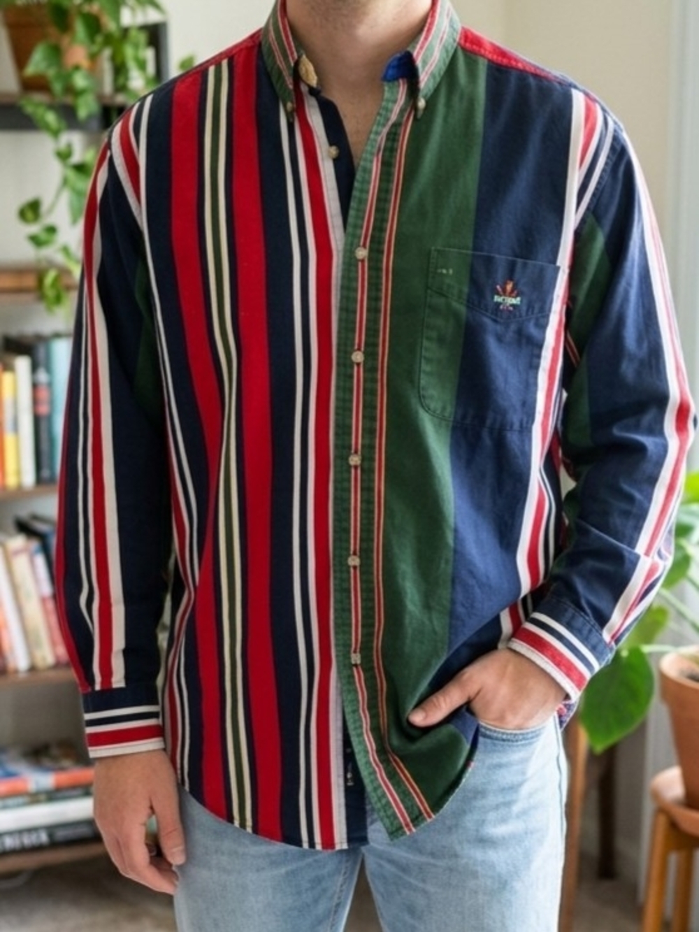 Striped Button-Down Men's Shirt in Red, Navy & Green